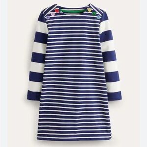 NWT Mini Boden Blue Fun Breton 100% Cotton Striped Blue/White Dress Sz 11-12 *M